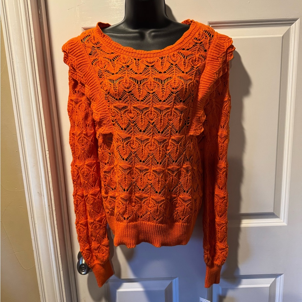 Free People Vibrant Orange Lace Knit Sweater